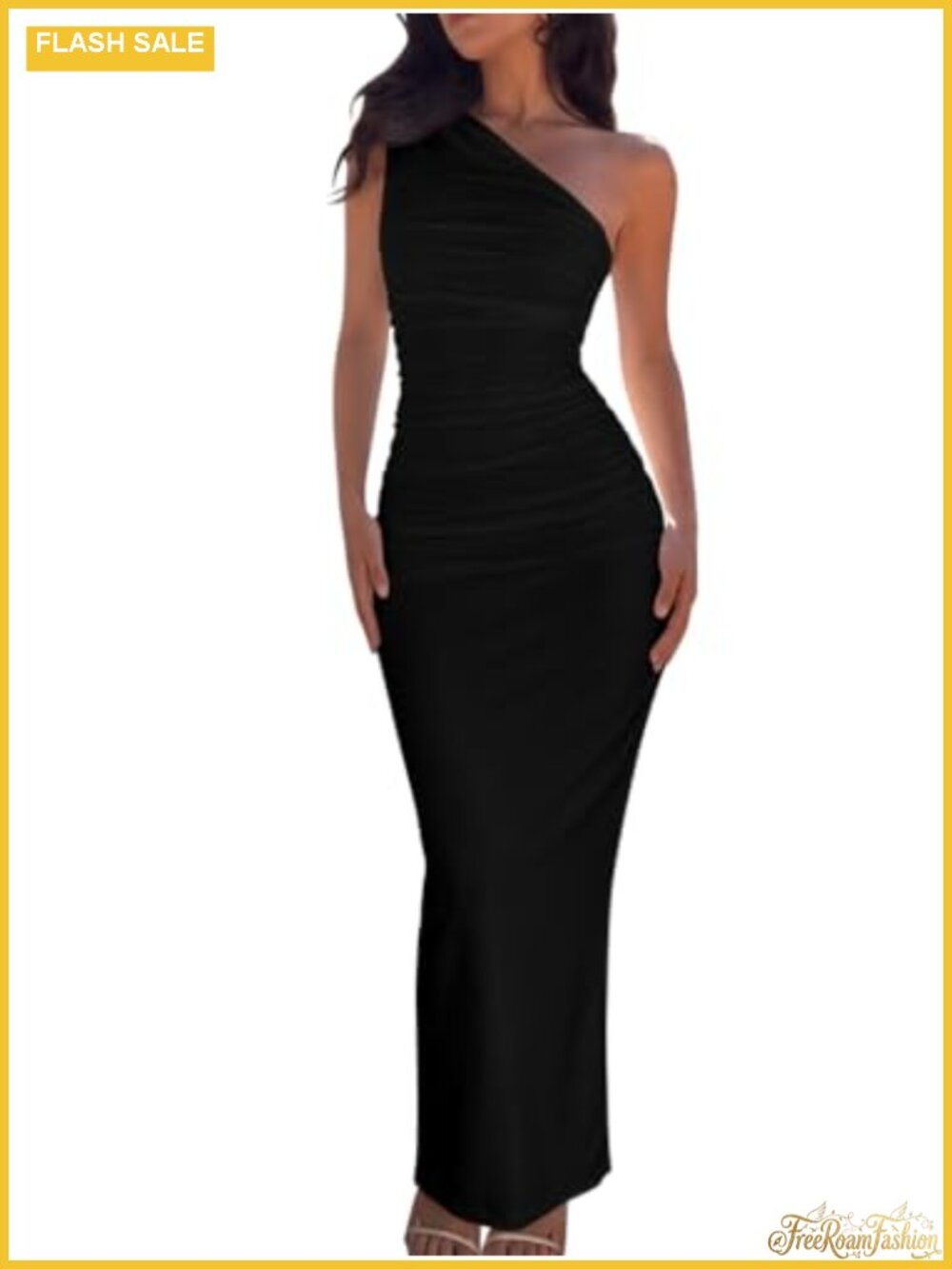 One Shoulder Bodycon Maxi Dress Sleeveless Ruched Stretchy